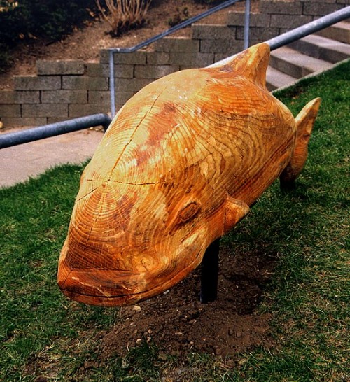 Fotograf: Henrik Westergaard Poulsen
Værk  titel: Delfin 
Værk  type: Træskulptur 
Materiale: Elmetræ 
Størrelse: 50x60x150 cm 
Færdiggjort: 1997 
Placering: Klostervangen, Århus 