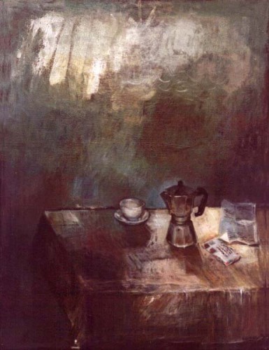 Fotograf: Eget foto
Værk  titel: Opstilling med kaffekande, kop og brev 
Værk  type: Maleri 
Materiale: Acryl 
Størrelse: 130x100 cm 
Færdiggjort: 1991 
Placering: Privateje 