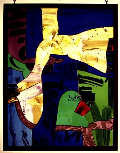 Fotograf: Simon Lautrop
Værk  titel: Blomsterplukkeren 
Værk  type: Glasmaleri 
Materiale: Glas i jernindfatning 
Størrelse: 130x110 cm. 