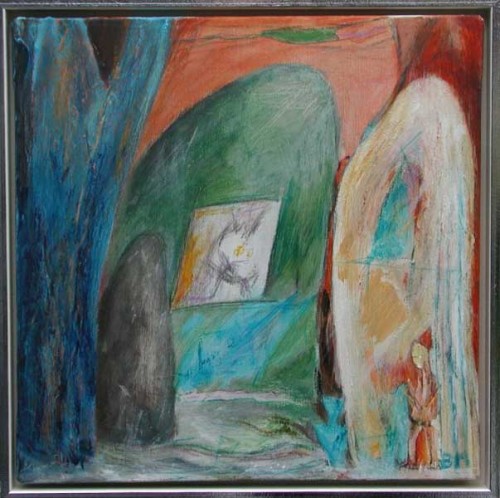 Fotograf: Olaf Myhre Jensen
Værk  titel: Der må være mindst to vinduer 
Værk  type: Maleri 
Materiale: Acryl/olie på lærred 
Størrelse: 35 x 35 cm 
Færdiggjort: 2002 