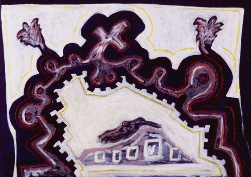 Fotograf: Eget foto
Værk  titel: Dette er ikke en portugisisk kirke 
Værk  type: Maleri 
Materiale: Acryl på lærred 
Størrelse: 43x60 cm 
Færdiggjort: 1993 
&Oslash;vrigt: Fra dialogserien med Poul Pedersen, Paris 