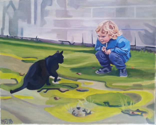 Min søn leger med en sort kat, 50x40 cm, 2000 kr. Bestilling af portrætter modtages. Se mere på www.mariefredborg.dk