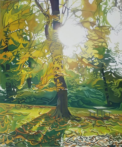Sol igennem grenene på et efterårstræ ved Kongens Ege i Randers. Måler 100x120 cm og koster 7968 kr.