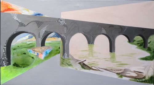 Akryl på lærred. 70 X 130 cm. Magisk bro der skifter format og udseende, alt efter hvilken vinkel man ser ind på maleriet. Broen forbinder en  illusion til en anden virkelighed